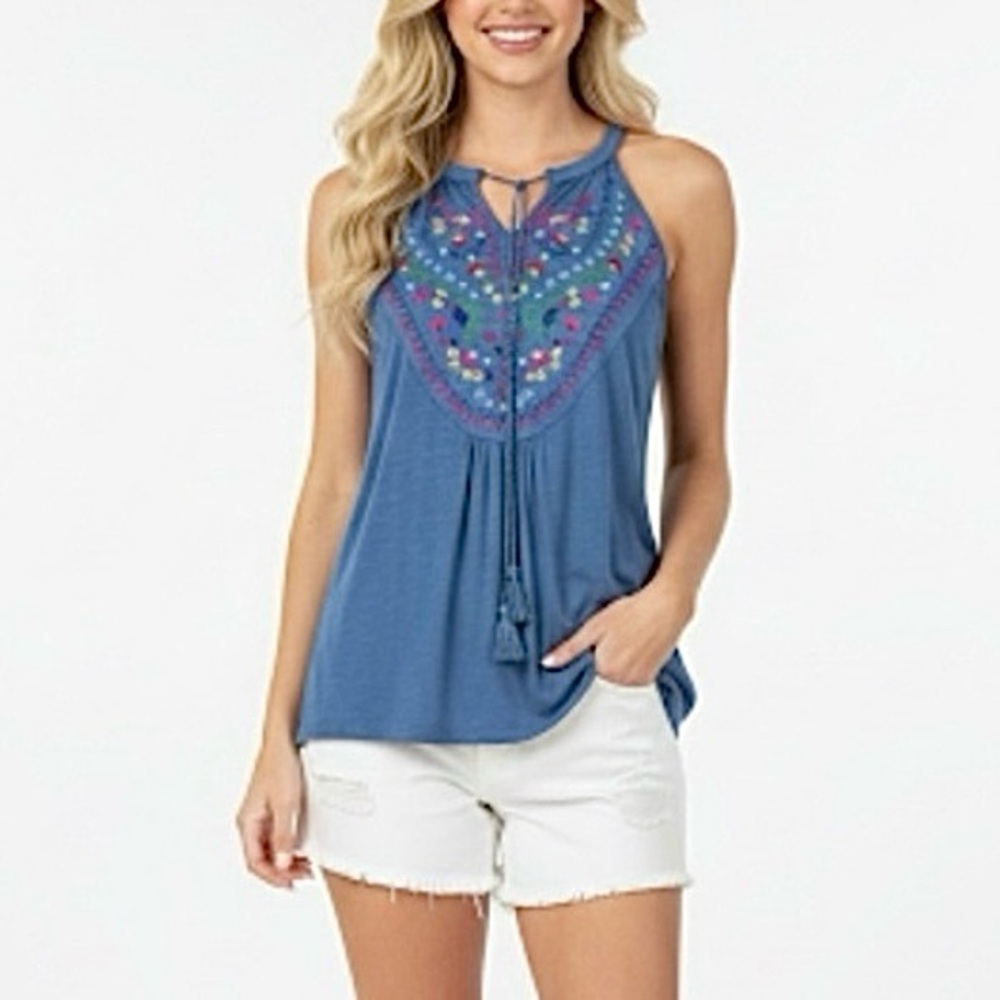 RBX Halter Floral Embroidered Blue M  NWT Tank Top Sleeveless Casual Boho Tassel